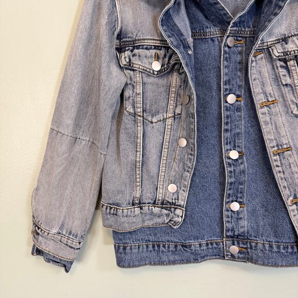 Lea Viola Denim Jacket Womens S Blue 2 Tone Patch Trucker Collared Button Casual - Picture 6 of 8